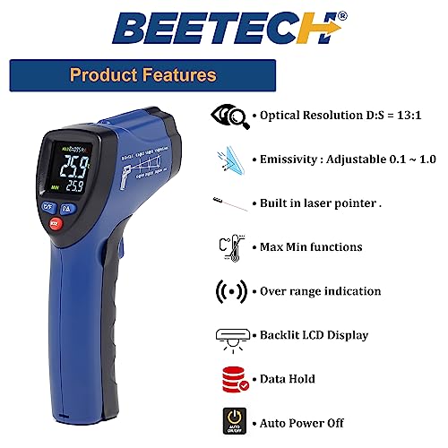 Image of BEETECH Industrial Infrared Thermometer -50C TO 580C with circular laser technology, emissivity adjustable, multicolor display, fast response and backlight LCD display