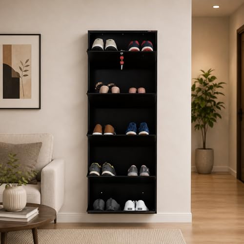 Image of 5 Door Wall Mounted Metal Shoe Rack Cabinet with Lock | Space Saving Shoe Storage Cabinet for Home, Entryway & Balcony | Dustproof Ventilated Shoe Organizer | Brown | 63 x 21 x 6 Inch