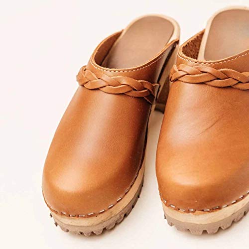 PiePieBuy Womens Clog Heeled Sandals Wooden Ankle Strap Buckle Mules Closed Toe Slingback Walking Shoes Brown - Thumbnail 4