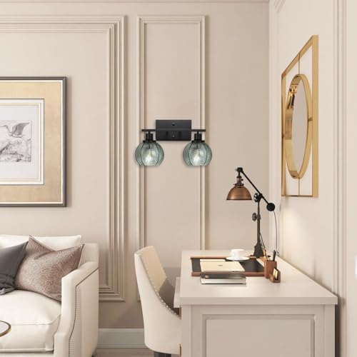 Image of Set of 2 Wall Sconces for Bathroom Modern Vanity Light Fixtures 2-Light Black Wall Sconce with Green Glass Shade Farmhouse Wall Lights for Bedroom Living Room