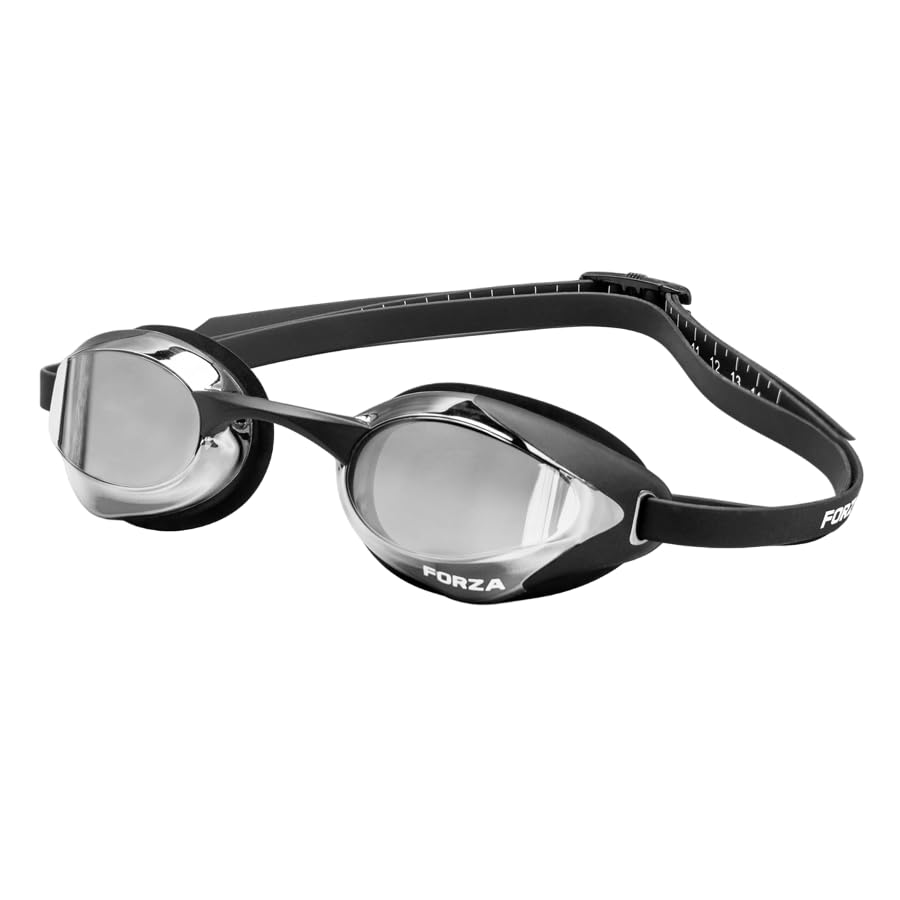 FORZA Adult Swimming Goggles – Anti-Fog | UV Protection | Interchangeable Nose Bridges | Basic, Training & Racing Swim Goggles | Protective Storage Case Included [Pack of 1] (Racing - Black/Silver)