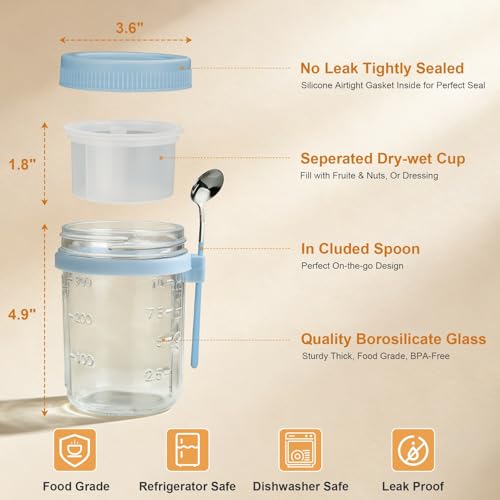 Image of Overnight Oats Containers with Lids and Spoons - 4 Pack 16 oz Glass Mason Jars with Separate Compartments Airtight Overnight Oat Jars Leakproof Yogurt Parfait Cup for Oatmeal Chia Pudding Cereal Salad