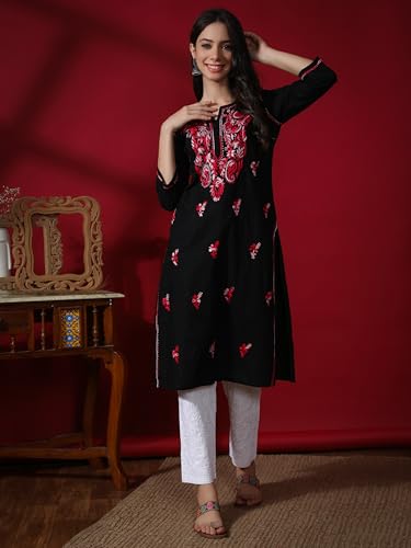 Image of Seva Chikan Hand Embroidered Lucknowi Chikankari Regular Straight Cotton Kurta Kurti for Women SCL4243