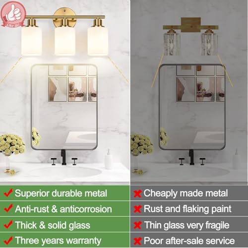Image of Zarbitta 3-Light Bathroom Light Fixtures, Brushed Gold Vanity Light, Farmhouse Wall Lights with Milky White Frosted Glass Shades, Bathroom Wall Lamp for Mirror Kitchen Bedroom Hallway Living Room