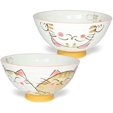 Japanese Handcrafted Rice Bowl, Authentic Mino Ware Pottery, Calico Cat Motif Design, MIKE Pink Chawan, set of 2 Cover