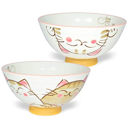Japanese Handcrafted Rice Bowl, Authentic Mino Ware Pottery, Calico Cat Motif Design, MIKE Pink Chawan, set of 2