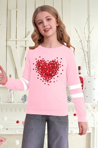 Image of LAZYCHILD Kids Valentine Shirt Girls Valentines Day Shirts Heart Graphic Long Sleeve Striped Tee Tops 5-14 Years