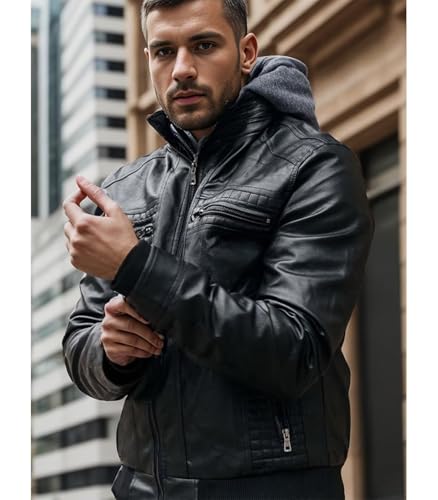 INVACHI Men\'s Faux Leather Bomber Motorcycle Jacket with Removable Hood Waterproof Vintage Biker Casual Jackets (US, Alpha, Large, Regular, Regular, Black)