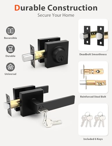 Image of Tinewa 4 Pack Square Keyed Alike Front /Exterior Door Levers with Single Cylinder Deadbolt, Flat Black Entry Door Knob Lock Sets with Deadbolt Combination Sets, for Entrance /Front and Office Doors