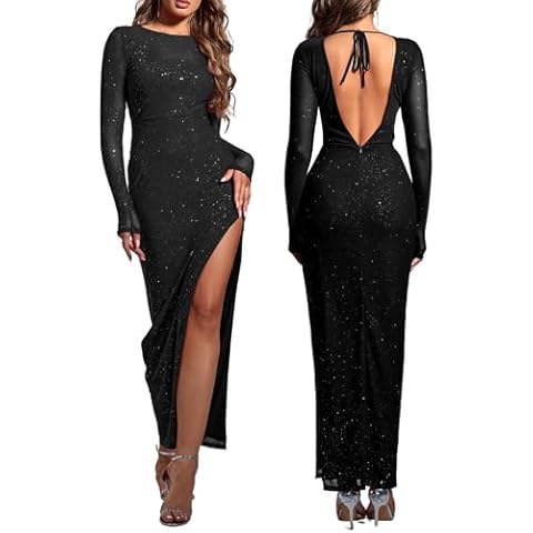 Colysmo Sparkly Sequin Bodycon Maxi Dress Long Sleeve Sexy Side Split Wedding Guest Formal Elegant Dresses for Women Black S Cover