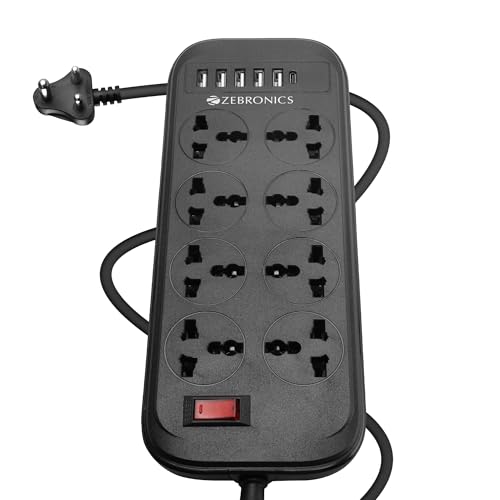 Image of ZEBRONICS Power BAR 282,Extension Board /Strip,2500 Watts,10 Amps,1x Type C Port(15.5W),8X Universal Socket,4+1 USB Port(15.5W),On /Off Switch,Overload Protection,Wall Mountable,2 Meter,Grey