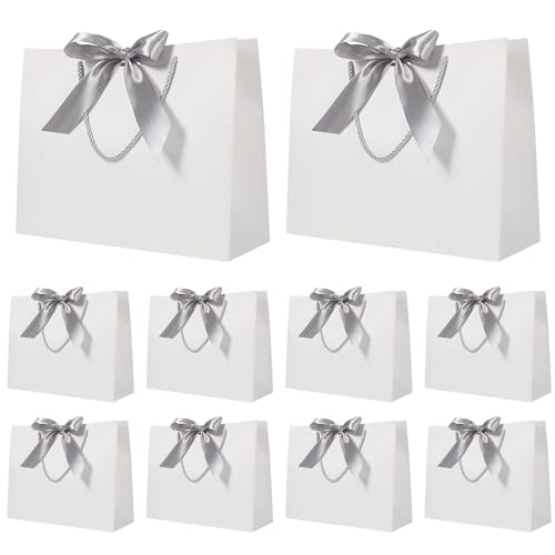 10 Stück Geschenktüten Papier, Weiß Geschenktasche mit Silber Schleifenbändern für Geburtstag Hochzeit Party Geschenk Verpackung