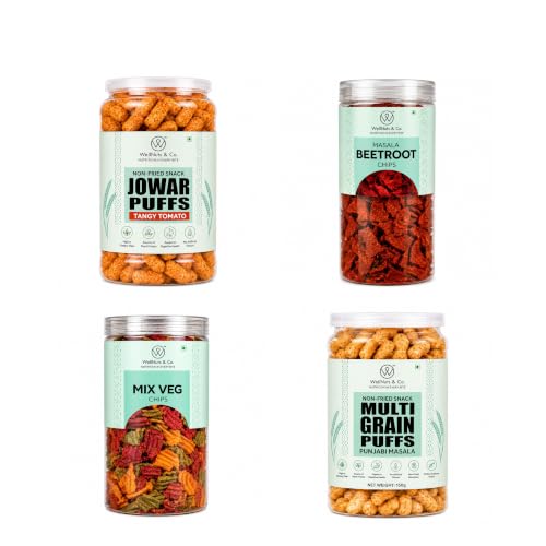 Image of WellNuts & Co. Healthy Snack Combo Pack of 4 |Jowar Puffs Tangy Tomato - 200g, Masala Beetroot Chips - 150g, Mix Veg Chips - 150g, Multigrain Puffs Punjabi Masala - 200g| Roasted & Ready to Eat Snacks | High Protein & High Fiber Combo | Snacks for Healthy Everyday