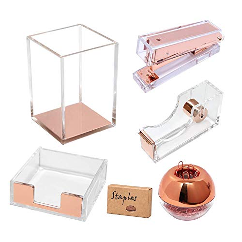 Acrylic Office Supplies for Women Desk Set-Tape Dispenser, Stapler, Sticky Note Pads Tray, Magnetic Paper Clips Dispenser, Pen Pencil Holder Desktop Accessories Organizer Decor (Clear Rose Gold?