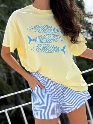 Image of Vintage Oversized Flower Graphic Tees Cute Surfboard Palm Baggy T-Shirts Summer Preppy Beach Tops Teen Girls Clothes