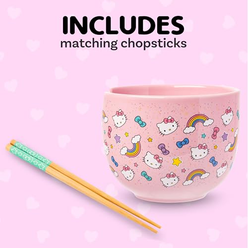Silver Buffalo Sanrio Hello Kitty Bows Stars Rainbow Pattern Ceramic Ramen Noodle Rice Bowl with Chopsticks, Microwave Safe, 20 Ounces