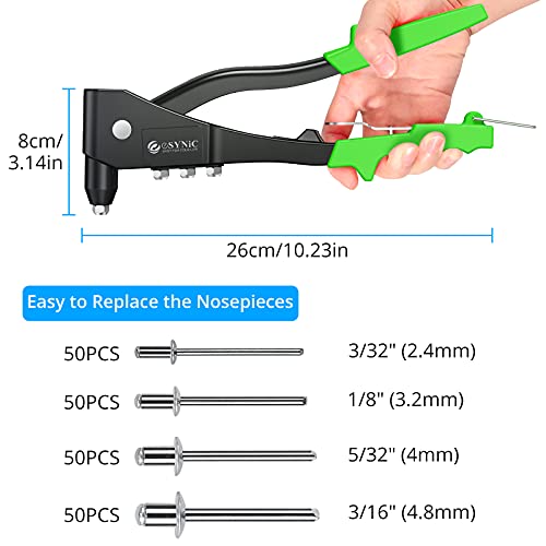 eSynic Rivet Gun Heavy Duty Hand Riveter Kit Nut Setter Kit with 200pcs 2.4mm/3.2mm/4mm/4.8mm 4 Sizes Riveting Tool Pop Rivet Kit Rivet Nut Kit Set for Metal, Wooden and Plastic(Green)