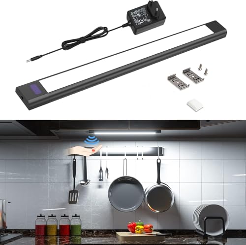 WOBANE Luz Led Cocina Bajo Mueble Negro, 30 cm Regulable Barra Luz Armario con Sensor sin Contacto, Luces Cocina Debajo Mueble Enchufable, Luz Led Adhesiva para Encimera, Blanco Frío 6000K