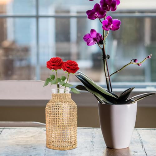 Vase à fleurs en verre contenant pratique tressé en rotin - 6