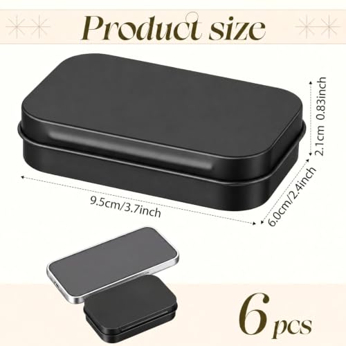 Image of Hotop 6 Pack Metal Rectangular Empty Hinged Tins 3.75 x 2.45 x 0.8 Inch Box Containers with Lids Mini Portable Box Small Storage Kit, Home Organizer (Black)