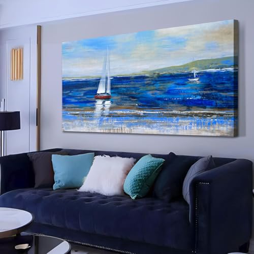 Ardemy Tela artistica da parete astratta blu con paesaggio marino, immagine testurizzata blu navy, moderna barca a vela oceano, opera d'arte incorniciata per soggiorno, camera da letto, bagno, casa,