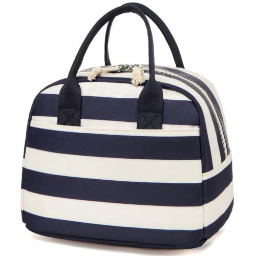 Image of LOVELYWIND Lunch Box for Women, Insulated Lunch Bag, Navy Stripe Tote