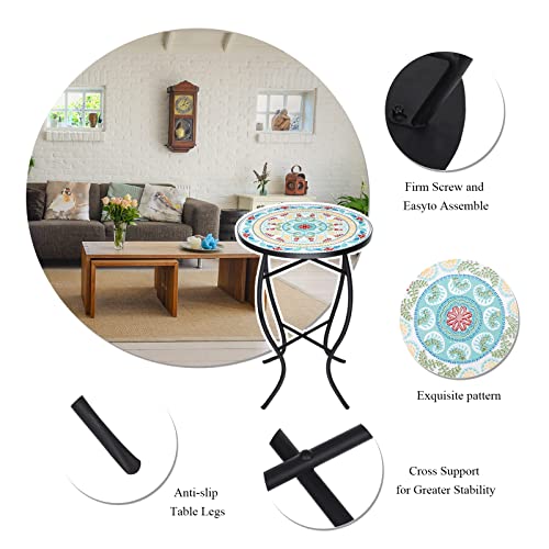 Vcuteka Mosaic Outdoor Side Table - 14" Small Round Folding End Table With Ceramic Tile Top Patio Accent Table For Yard, Garden, Living Room, Bistro Balcony Porch Outdoor Benches Or Lawn #TOP4