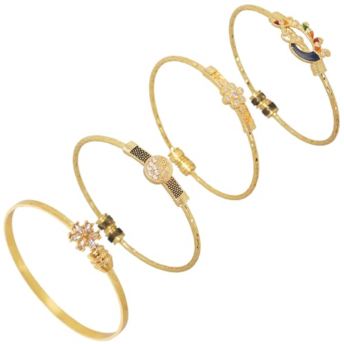 Image of Touchstone Indian Bollywood Handcrafted Engraved Etched Floral Round Rhinestones Cubic Zirconia CZ Designer Jewelry Openable Elegant Gold Plated Bracelets Combos for Women