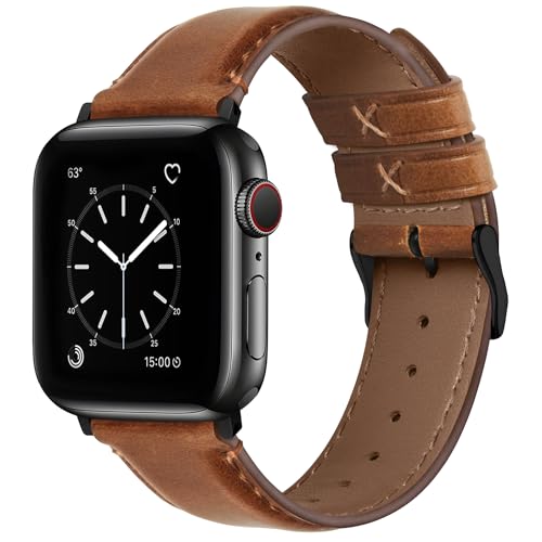 Fullmosa Retro Leather Bands Compatible with Apple Watch 38mm 40mm 41mm for Men Women, Top Grain Real Leather Strap for iWatch Series 9/8/7/6/5/4/3/2/1/SE/SE2, Brown+Black Buckle