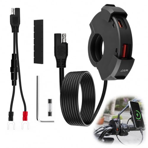 Cargador USB para Moto 48W, 2 Puertos (QC3.0 18W + PD3.0 30W) IP65 USB-C Toma de Cargadors de Coche Carga Rápida con 10A Fusible para 12V 24V ATVs Tricycles Motorcycles