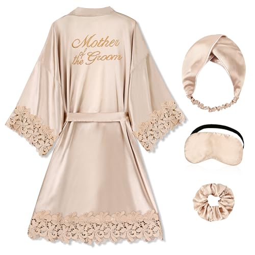 Image of EPLAZA Bride Robe for Wedding Day Set Bridal Robe Lace Trim Silky Embroidery Satin Kimono for Bridal Party
