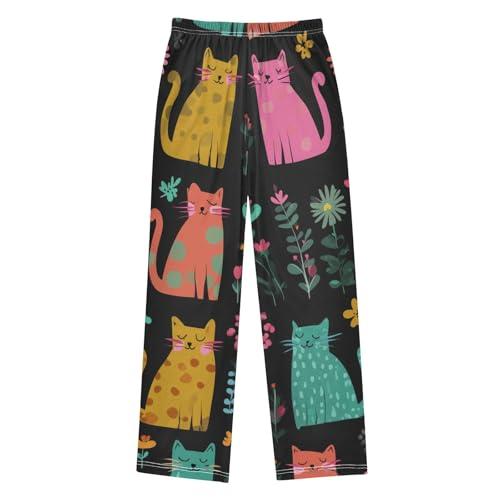 Lovely Cat Spring Flowers Boys Long Pants Soft Trousers Elastic Waist Kids Lounge Bottoms with Pockets S-XL2