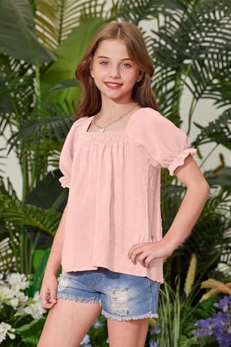 Image of BesserBay Girls Summer Puff Short Sleeve Square Neck Tee Shirts Ruffle Smocked Blouses Cute Swiss Dot Tops 5-14 Years