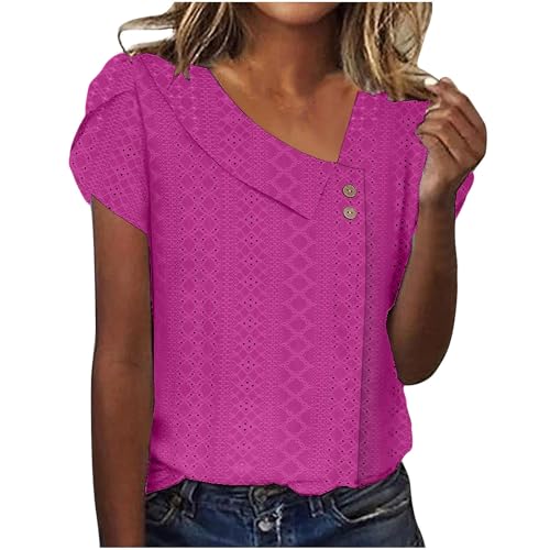 Summer Tops for Women 2025 Trendy Casual Short Sleeve Asymmetric V Neck Eyelet Button Top Slim Fit Solid Work Shirt