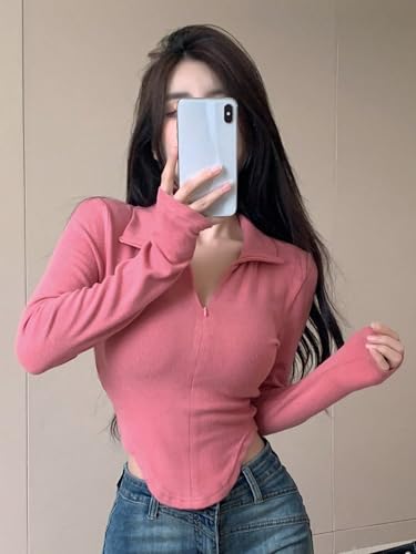 Image of Istyle Can Women's Top Solid Long Sleeve Ribbed Asymmetric Hem Casual T-Shirt with Zipper Collar. Full Sleeve, Rib Knit, Plain, Slim Fit