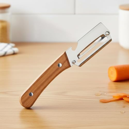 Image of Stainless Steel Vegetable Peeler with Wooden Handle, 2-in-1 Fruit & Vegetable Peeler with Bottle Opener, Sharp Single Blade Kitchen Tool