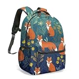 Whimsical Night Forest Fox Mochila de 16 pulgadas con estampado floral de estrellas en toda la superficie, ilustración plana, bonita mochila de viaje de animales, 02., L, Casual