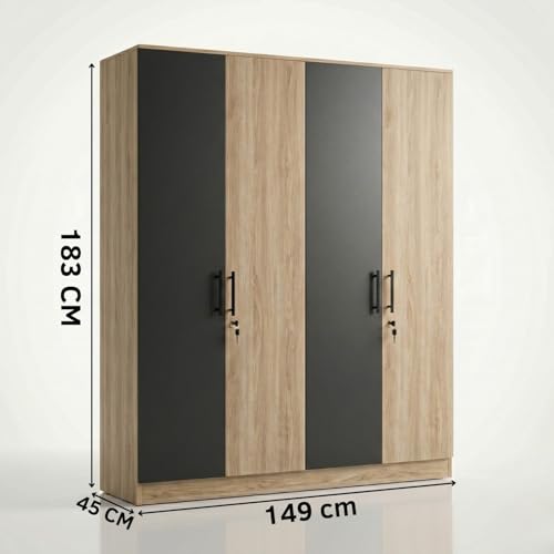 Image of FFO Tokyo 4 Door Wooden Wardrobe for Bedroom with Hanging Rod, Shelves & Lock | Modern Clothes Storage Almirah /Cabinet with Black & Milok Wood | Wardrobe Organizer for Clothes, Dresses DIY.