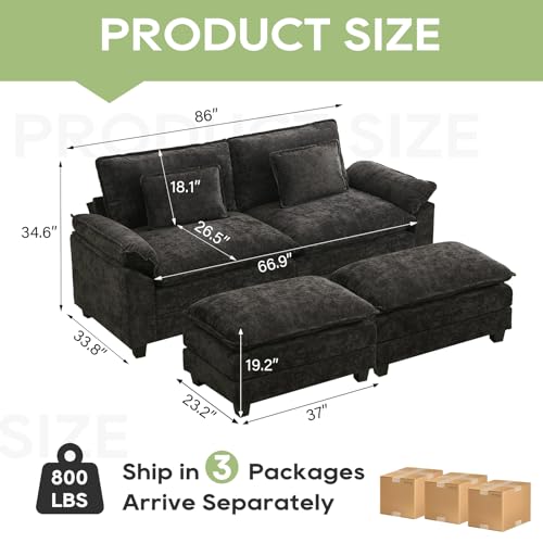 Image of Oprisen 86 inch Modular Sectional Sofa, Comfy Cloud Couch Sectional Sofa with Ottoman, Chenille Sofa Sleeper Deep Seat Sofa with Throw Pillows for Living Room (Black)