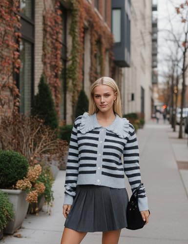 Image of HOCANDY Women Ruffle Collar Cardigan Sweater Preppy Cute Button Up Sweaters