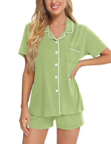 Image of SWOMOG Womens Button Down Pajamas Set Short Sleeve Sleepwear Bride Soft Pj Lounge Sets XS-3XL