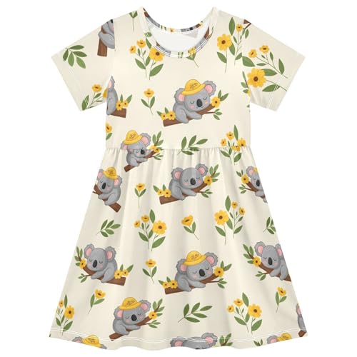 Koala Yellow Flowers Girls Summer Dress Toddler Casual Dresses Girl Short Sleeve Dress for Girls,2T