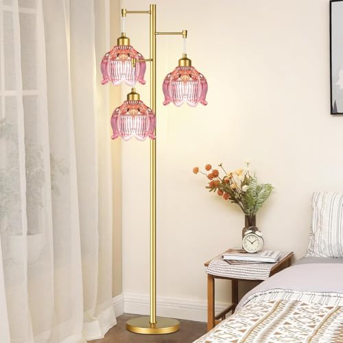 Image of ILLMTW Glass Floor Lamp for Living Room,Bedroom,Gold Flower Mid Century Modern Standing Lamp Brass Tree 3 Light Tall Floor Lamps Vintage Floor Lights Pink Lamp Shade Farmhouse Boho Bohemian
