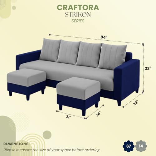 Image of STRIKON Plush 6 Seater L Shape Sofa Set with 2 Movable Ottoman | Flexible Layout |Silken Velvet Suede | Designer Sofa for Living Rooms & Office Spaces (Light Grey & Dark Blue)