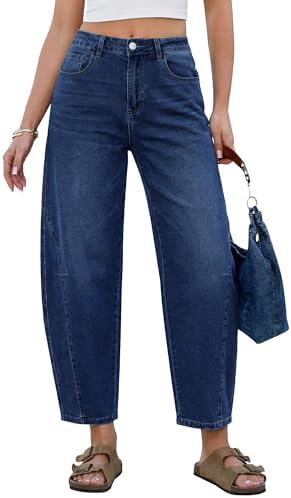 GRAPENT Barrel Jeans for Women Cropped Trendy High Waisted Baggy ...