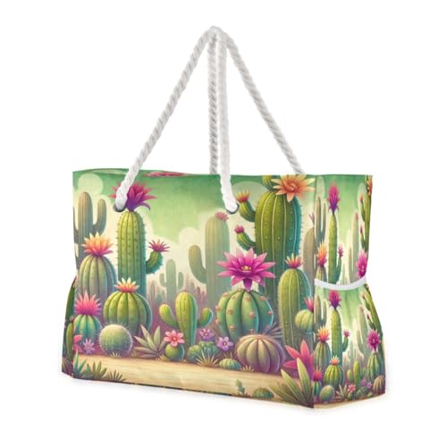 Cacti Flowers Green Beach Tote Bag for Women Extra Large Travel Tote Bags Waterproof Carry On Swim Pool Bag Beach Bags with Zipper for Yoga Gym Women Vacation Essentials Nurse