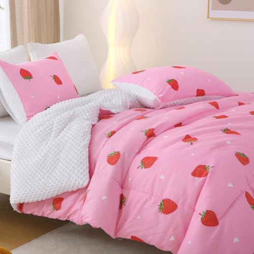 Gusuhome Girls Strawberry Twin Comforter Set, 3 Pieces