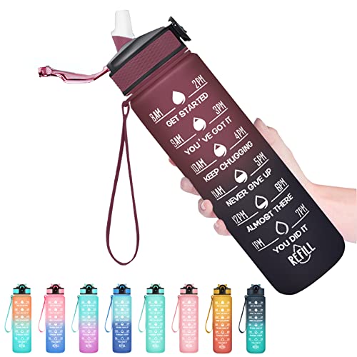 Image of HYETA 32 oz Water Bottles with Times to Drink and Straw, Motivational Water Bottle with Time Marker, Leakproof & BPA Free, Drinking Sports Water Bottle for Fitness, Gym & Outdoor, Red-Blue