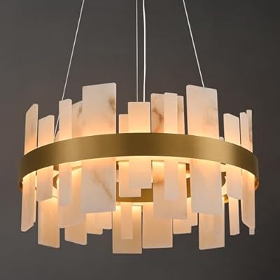 Alabaster Round Chandelier, D24 Inch Natural Spanish Marble Stone Texture Chandeliers, Dimmable Dining Room Chandelier over Table, Modern Luxury Lighting for Living Room, Bedroom, Entryway, Foyer