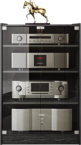 Grufle Media Storage Cabinet, 4-Tier Shelves Audio Video Media Stand Cabinet with Height Adjustable, Modern AV Cabinet with Glass Doors, Storage for Entertainment Stereo Component, TV Cabinet (Black)